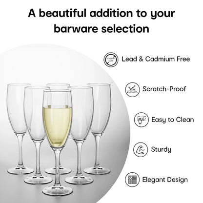 Anko Champagne Flutes Set of 6 | Elegant Design | Dishwasher Safe | 170ml | Clear