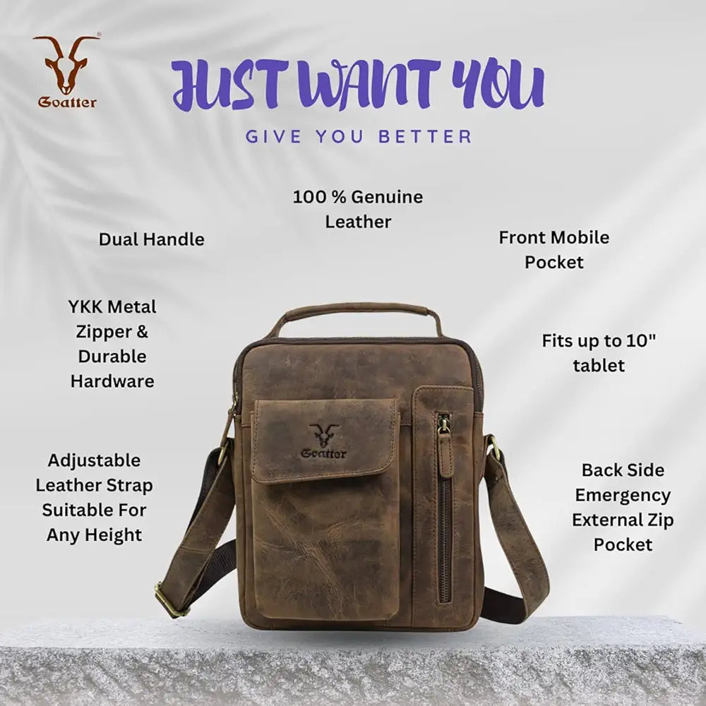 Goatter Hunter Leather 11”Inch Messenger Bag For Men  GTHT-08