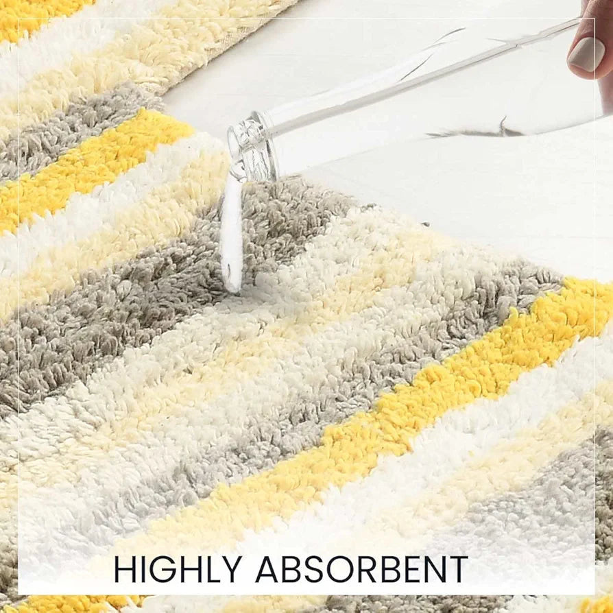 Sashaa World Striped Anti Skid Bathmat And Contour Set Colour Yellow White & Grey Stripe