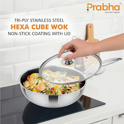 Prabha Tri-Ply Stainless Steel Hexa Cube Non Stick Wok Included Lid, 24cm, 2.8L