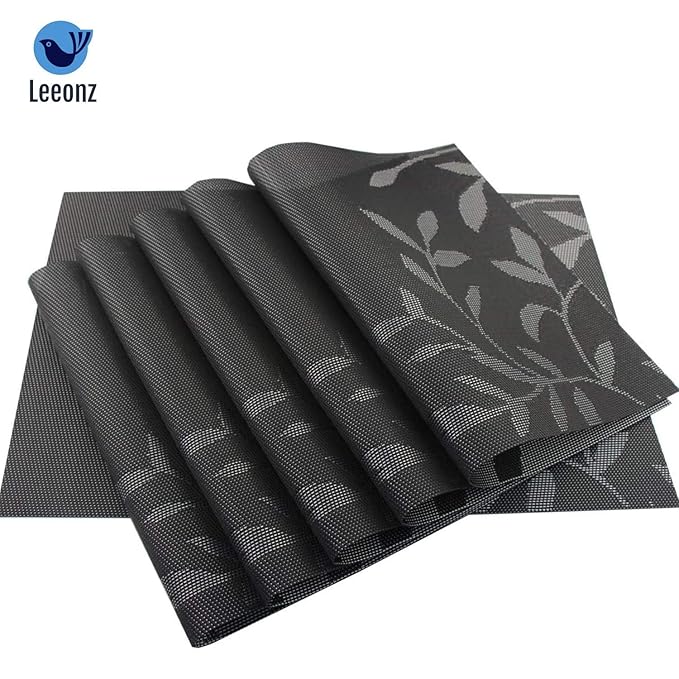Leeonz Non-Slip Heat Resistant Washable Crossweave Woven Vinyl PVC Place mats Black Set of 6pcs