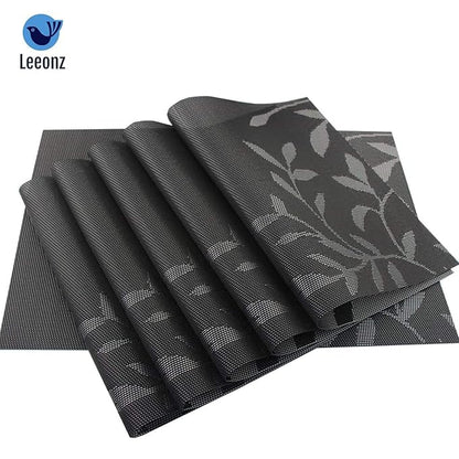 Leeonz Non-Slip Heat Resistant Washable Crossweave Woven Vinyl PVC Place mats Black Set of 6pcs