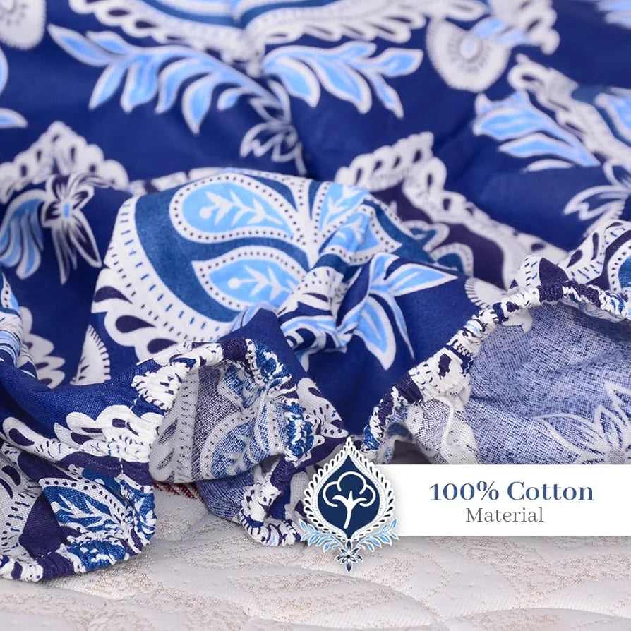 Divine Casa Cotton 100% Cotton Elastic Fitted Printed Queen Size Double Bed Bedsheet with 2 Pillow Cover Colour Baja Blue