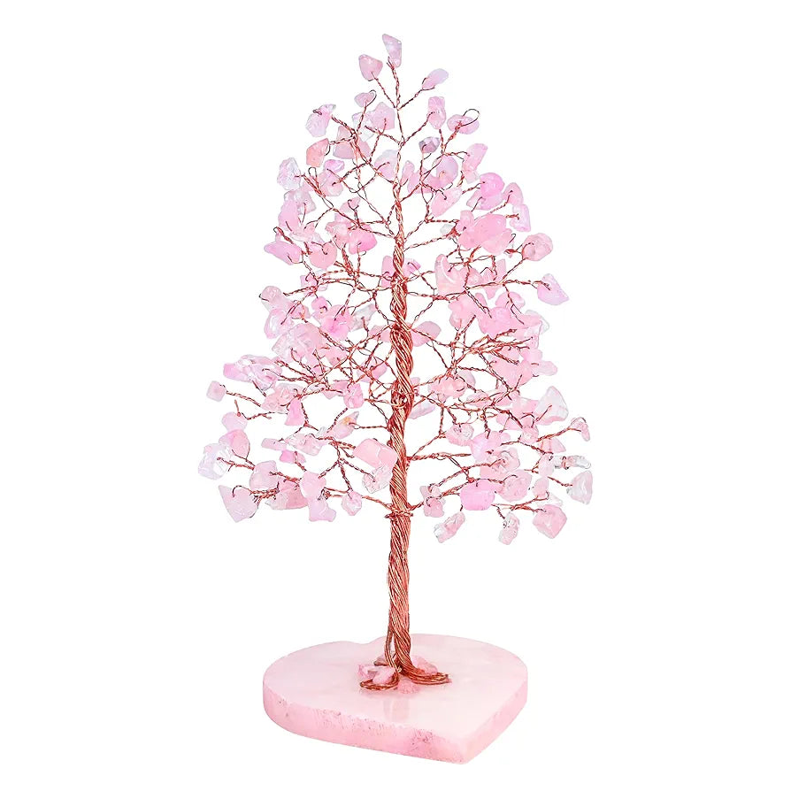 Zaicus Rose Quartz Heart Base Feng Shui Gemstone Bonsai Tree with Healing Crystals