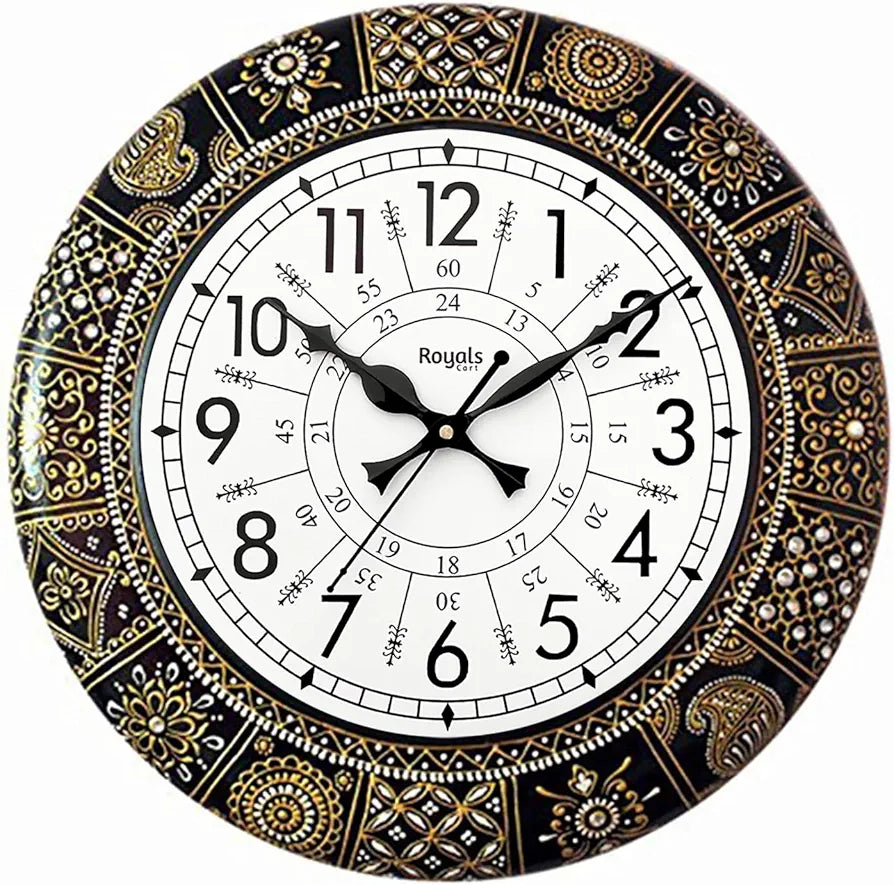 RoyalsCart Ethnic Handcrafted Designer Wall Clock with Rajasthani Floral Painting Black Wooden Wall Clock [KTWC281N] Black Designer Painting