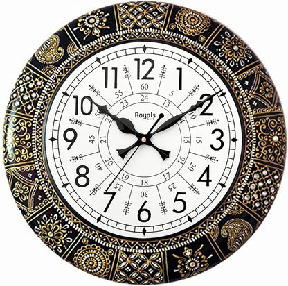 RoyalsCart Ethnic Handcrafted Designer Wall Clock with Rajasthani Floral Painting Black Wooden Wall Clock [KTWC281N] Black Designer Painting