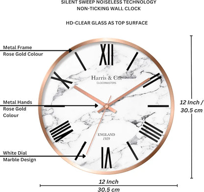 Harris & Co. Clockmasters Luxury Wall Clock Marble Design - 12 Inch  -Analog