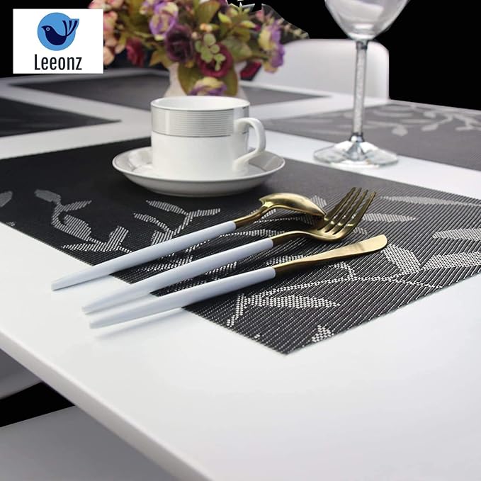 Leeonz Non-Slip Heat Resistant Washable Crossweave Woven Vinyl PVC Place mats Black Set of 6pcs