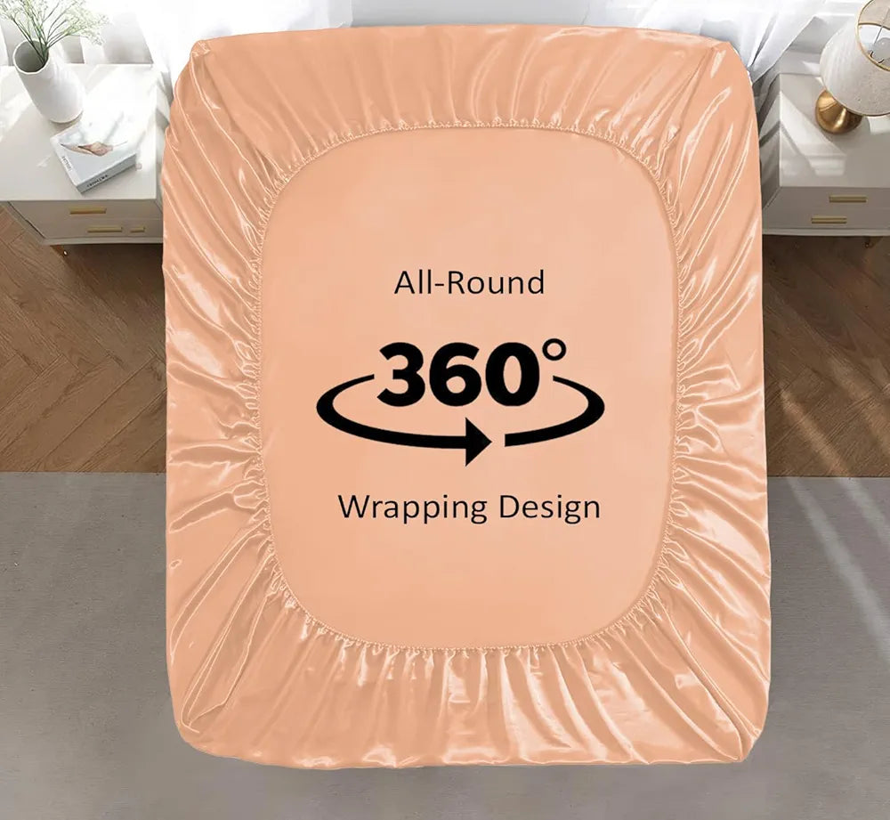 Cloth Fusion Satin Elastic Fitted Bedsheets Double Bed Luxury Queen Size Bed Sheet with 2 Pillow Covers Peach