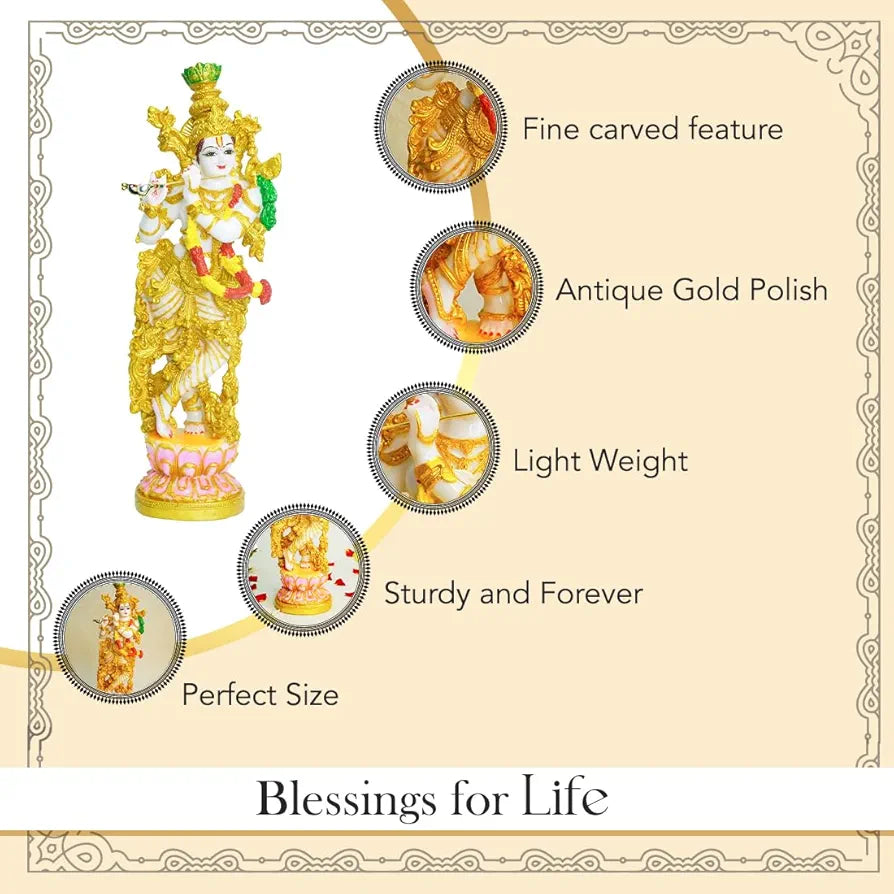 Ekhasa Marble Dust Lord Krishna Idol with Flute Multicolor 1