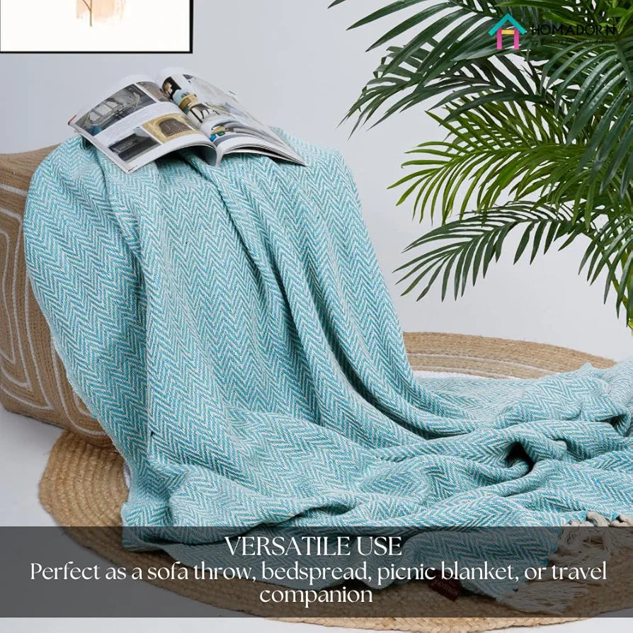 Homadorn All Season Cotton Weaved Throw Blanket Colour Aqua