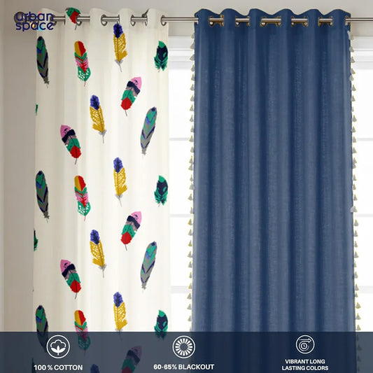 Urban Space Printed Cotton Curtains for Door Combo Set of 3 Curtains Room Darkening Curtain Curtains Dream Catcher & Aura Indigo Colour