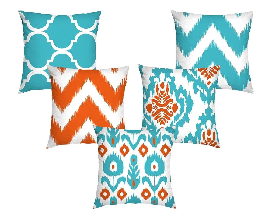 Aerohaven Ikat Style Cushion Covers Teal & Orange Abstract Prints Cotton Decorative Throw Pillows for Sofa & Home