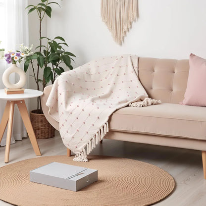 Sajavat Home Hand-Knitted Pure Cotton 3 Seater Sofa Throw Colour Beige & Pink