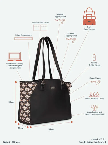 Zouk Printed Jute Handcrafted Vegan Leather Black Women's Check-point Friendly Classic Business Bag