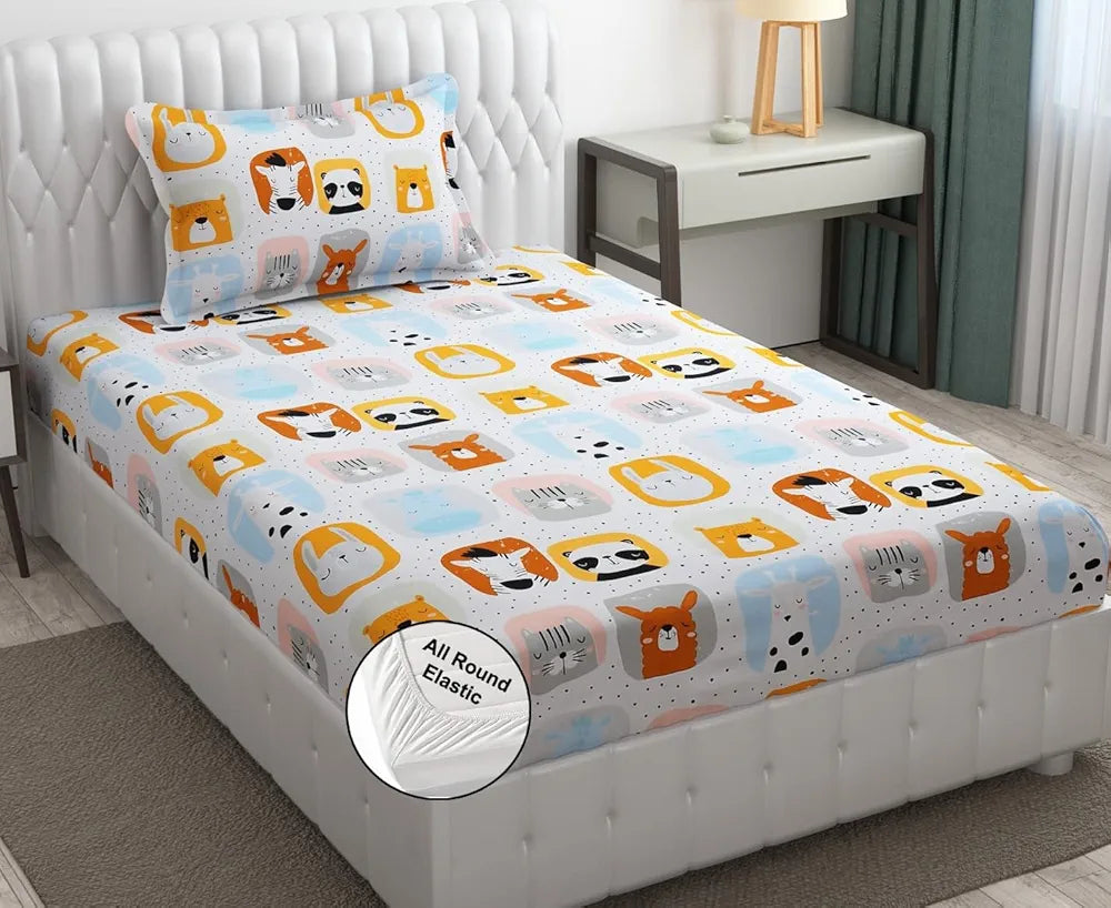 Fresh From Loom Glace Cotton 300 tc Elastic Fitted Cartoon Printed Cream Panda Smallsingle