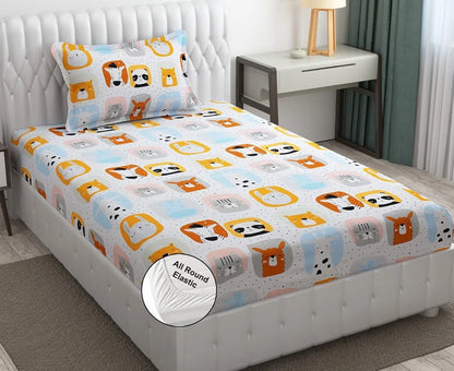 Fresh From Loom Glace Cotton 300 tc Elastic Fitted Cartoon Printed Cream Panda Smallsingle
