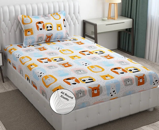 Fresh From Loom Glace Cotton 300 tc Elastic Fitted Cartoon Printed Cream Panda Smallsingle