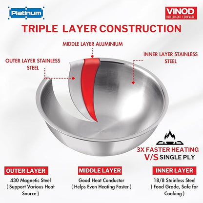 Vinod Platinum Triply Stainless Steel Extra Deep Tasla -1.2 Litre, 18 cm | 2.5 mm Thick | Steel Kadai