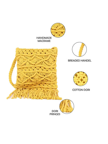 Astrid Handmade Macrame Flap Over Sling Bag For Girls And Women Colour Yellow