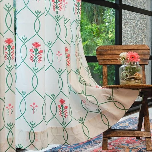 Urban Space Cotton Semi Sheer Curtains for Door Set of 2 with Eyelets and Tieback (Clour Floral Ripples Pink & Green)