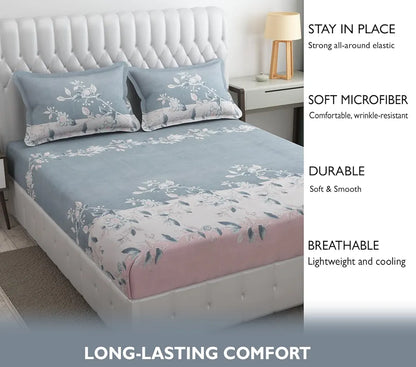 Fresh From Loom King Size Floral Print Microfiber Fitted Bedsheet Set 240 TC 2 Pillow Cover Grey Walnut