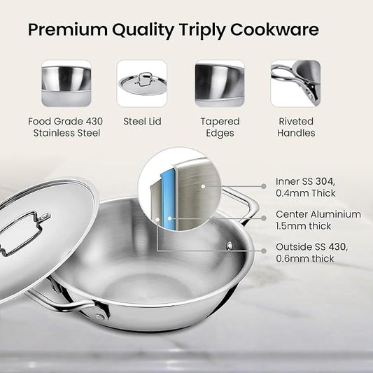 Savya Home Triply Stainless Steel Kadai With Lid 24 Cm Diameter 2.6 L Capacity
