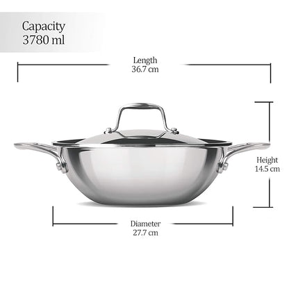 Milton Pro Cook Triply Stainless Steel 26 Cm Kadai With Lid, 3.6 Litres - 1100 gms