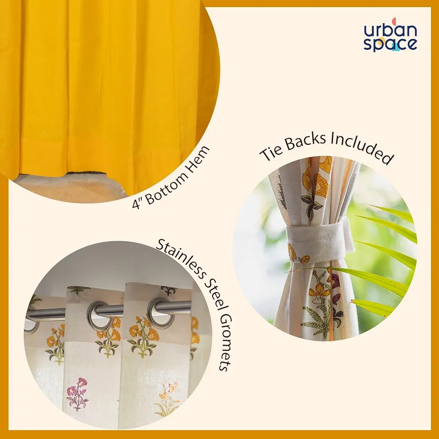 Urban Space Floral Cotton Curtains For Door, Set Of 3 Curtains For Home Decor Mosaic Yellow and Blue & Aura Indigo