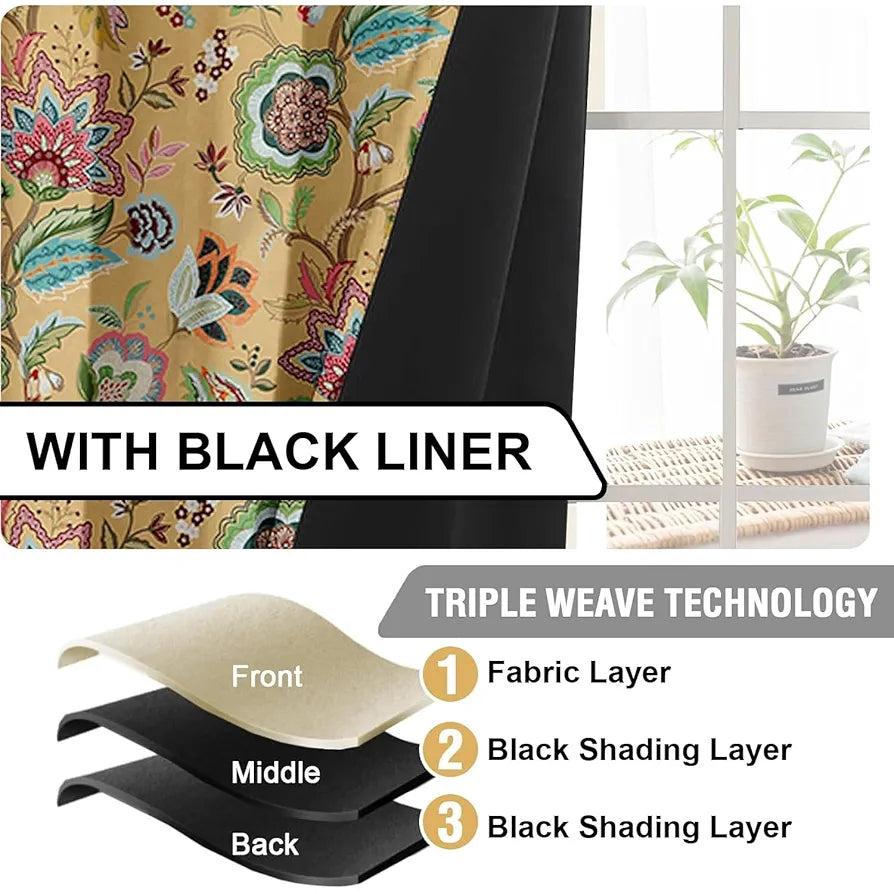 Cloth Fusion Blackout Printed Premium Door Curtains 7 Feet Long Set of 2 Yellow Garden