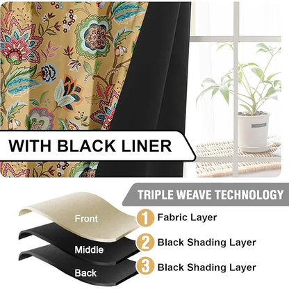 Cloth Fusion Blackout Printed Premium Door Curtains 7 Feet Long Set of 2 Yellow Garden