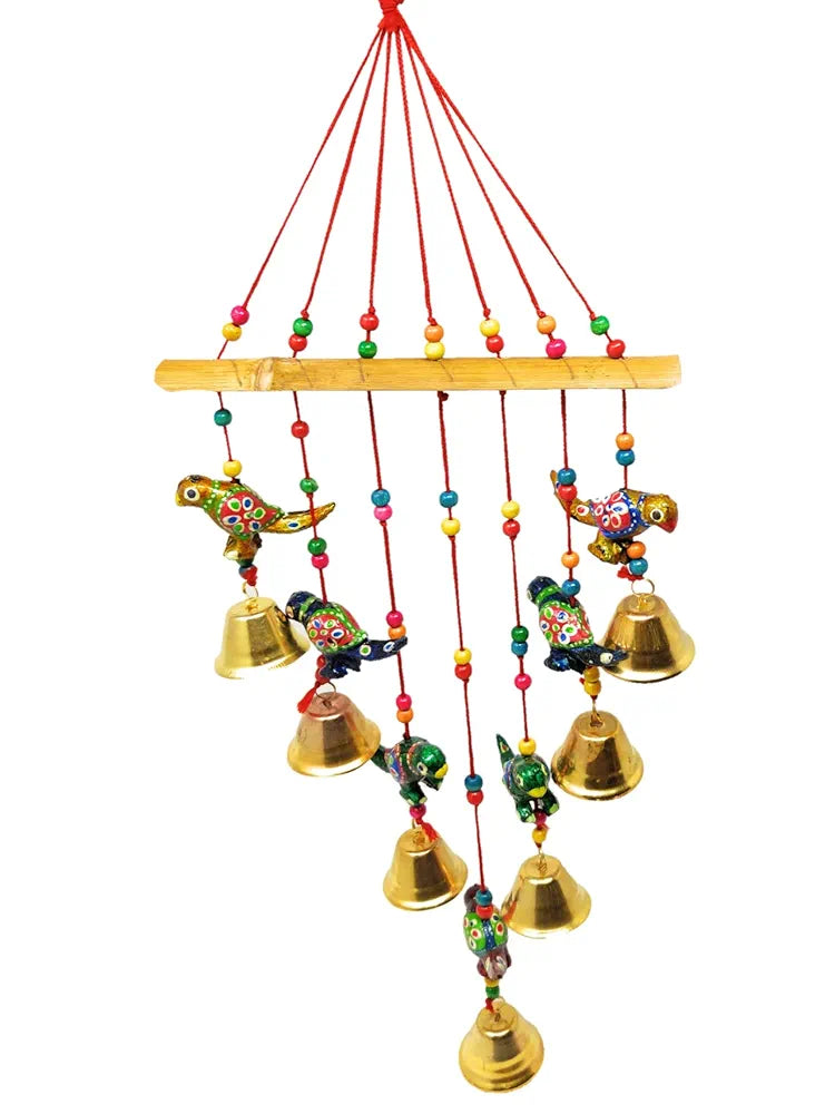 Handcrafted Recycled Material Rajasthani Wind Chime Parrots