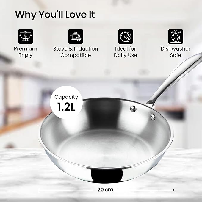 Savya Home Triply Stainless Steel Frying Pan 20 Cm 1.2 L Stove & Induction Cookware