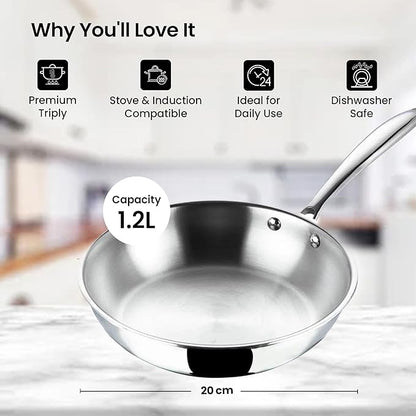 Savya Home Triply Stainless Steel Frying Pan 20 Cm 1.2 L Stove & Induction Cookware