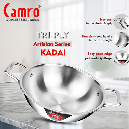 Camro Triply Artisian Kadhai 26 Cm 3.3 Liters kadhai Steel Stainless Kadhai for Deep Frying