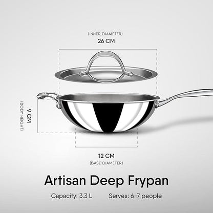 Stahl Artisan Triply Stainless Steel Wok With Lid | Stir Fry Wok | Induction & Gas Stove Compatible | 3.3 L | 26 Cm