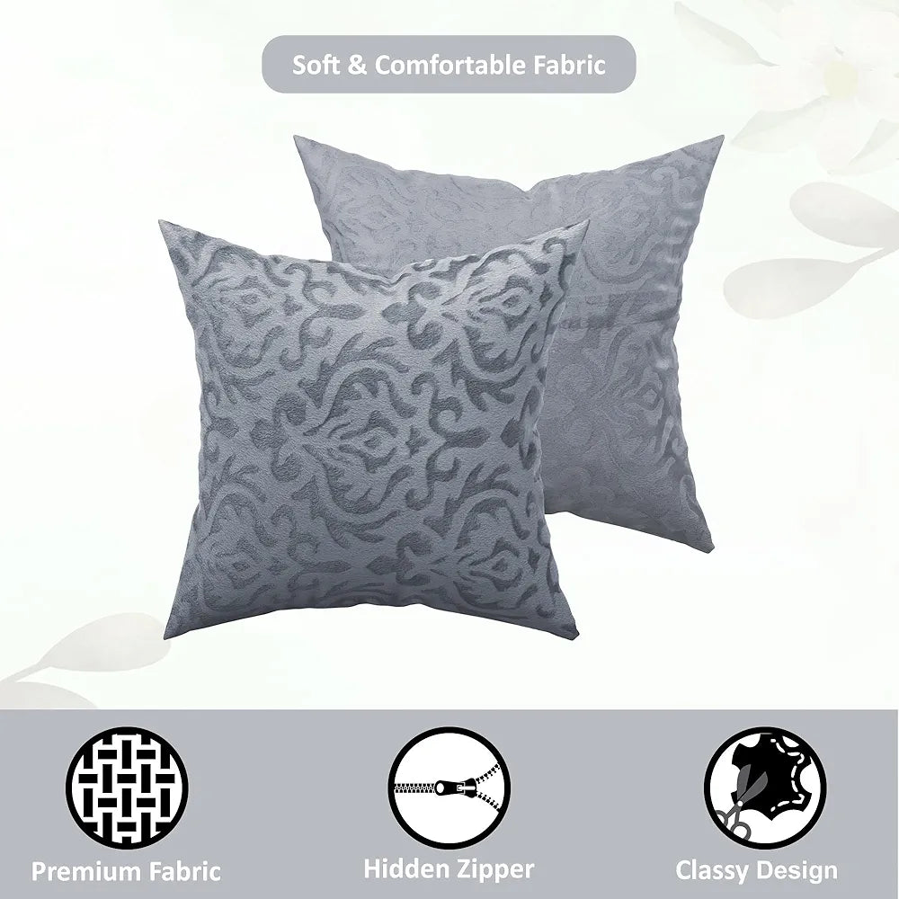 Kuber Industries Set of 5 Washable & Removable Velvet Sofa Pillow Covers with Zip Floral Design Grey