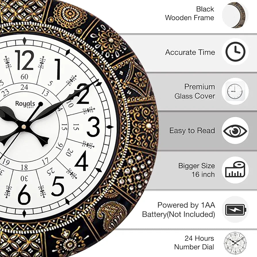 RoyalsCart Ethnic Handcrafted Designer Wall Clock with Rajasthani Floral Painting Black Wooden Wall Clock [KTWC281N] Black Designer Painting
