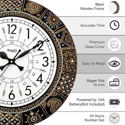 RoyalsCart Ethnic Handcrafted Designer Wall Clock with Rajasthani Floral Painting Black Wooden Wall Clock [KTWC281N] Black Designer Painting
