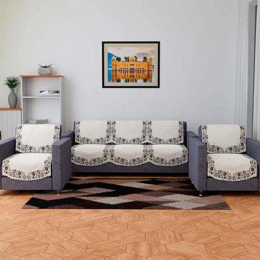 Kuber Industries Velvet Sofa Cover Set Digital Painting Quilted SueDe Ultra Sonic Living Room Cream