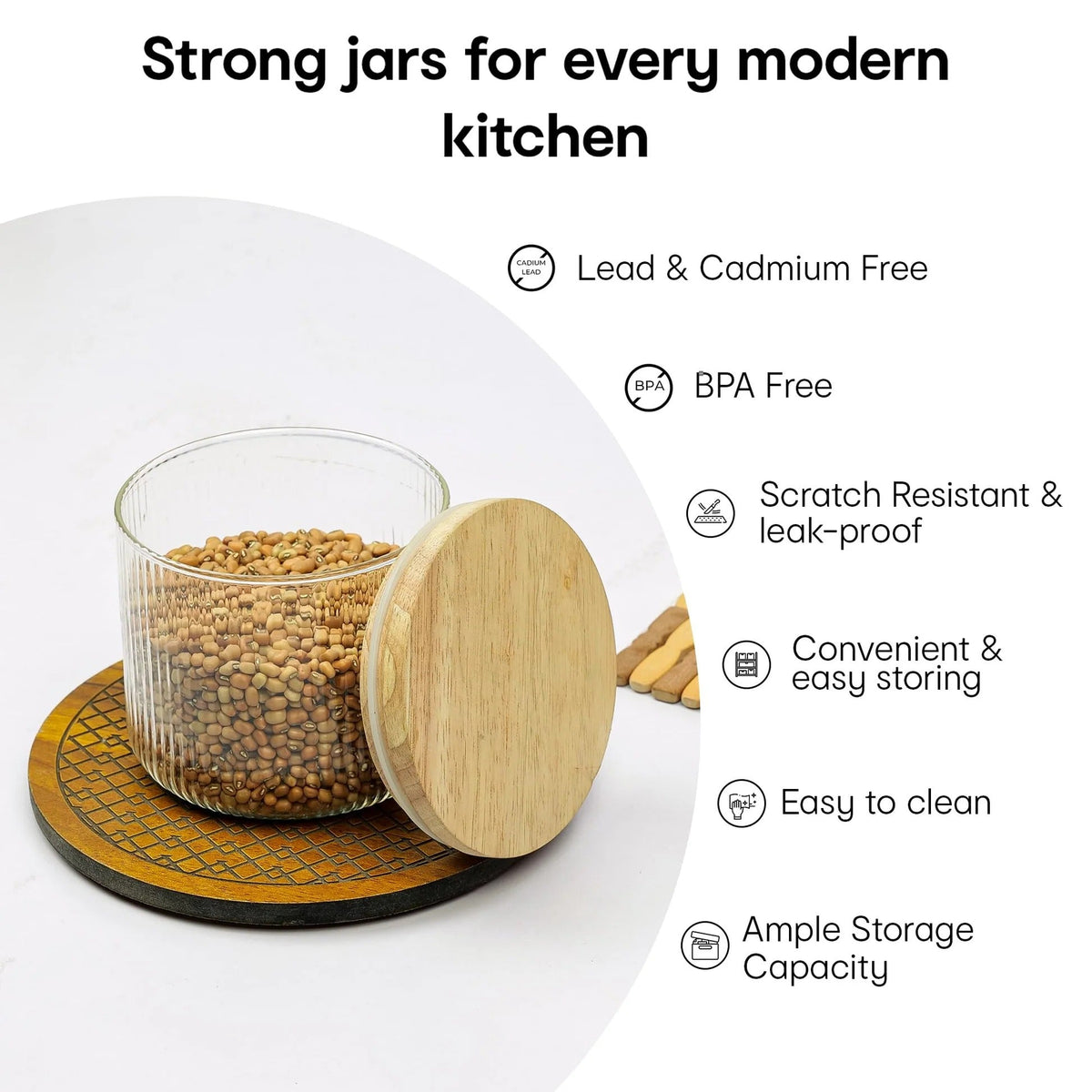 Anko 300ml Borosilicate Ribbed Glass Jar | Airtight | Rubberwood Lid | Set of 1