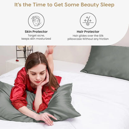 Cloth Fusion Satin Pillow Cover Set of 2 Pillow Case with 3 Satin Soft Scrunchies Silver