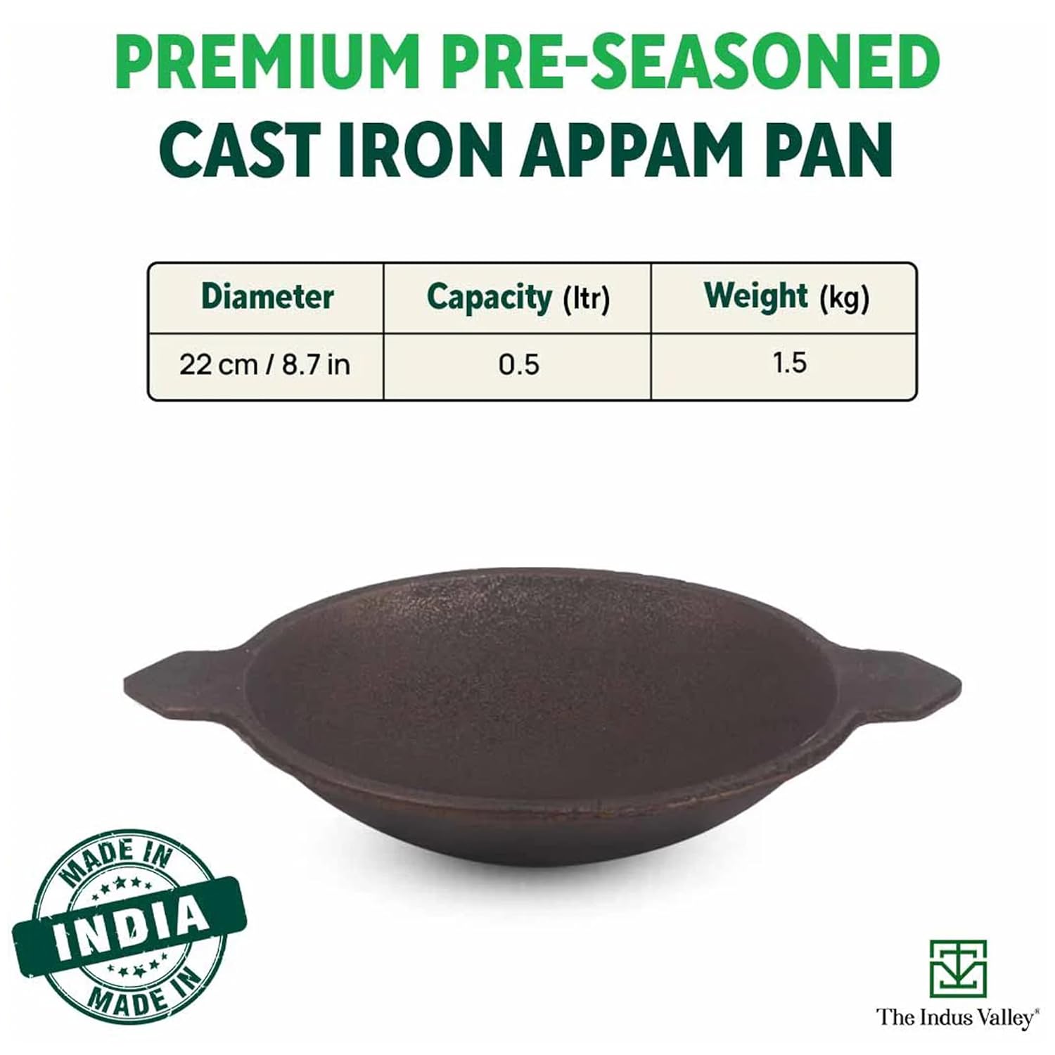 The Indus Valley Pre-seasoned Cast Iron Appam Pan With Glass Lid | Gas Compatible | Nonstick Appam Pan