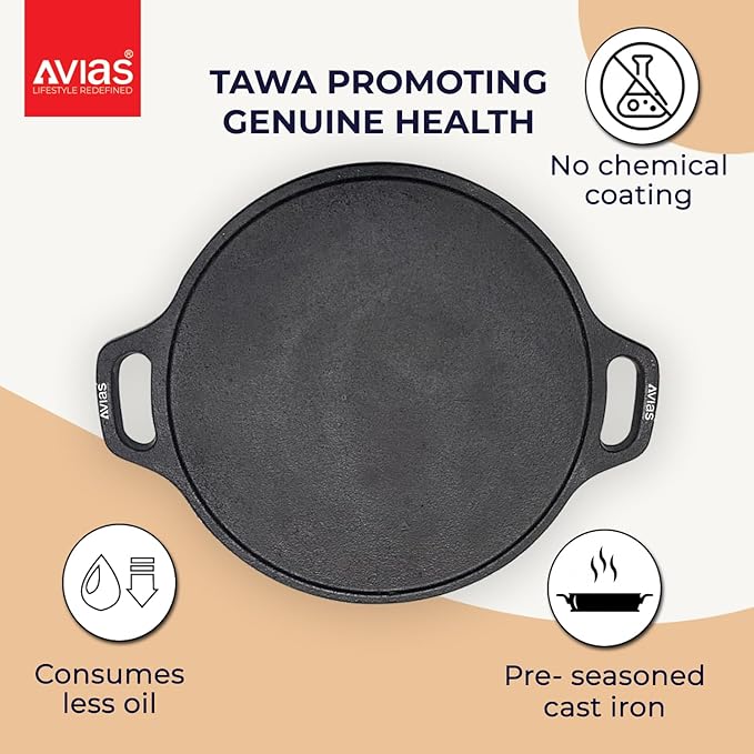 Avias Cast Iron Tawa with Side Handles 30cm Dosa Kallu Loha Pan to Cook 12 inches