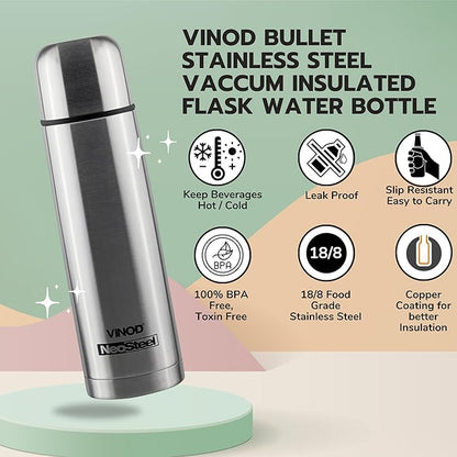 Vinod Bullet Vacuum Insulated Stainless Steel Flask Water Bottle -500 ml | Hot and Cold Thermosteel Bottle | Copper Coating