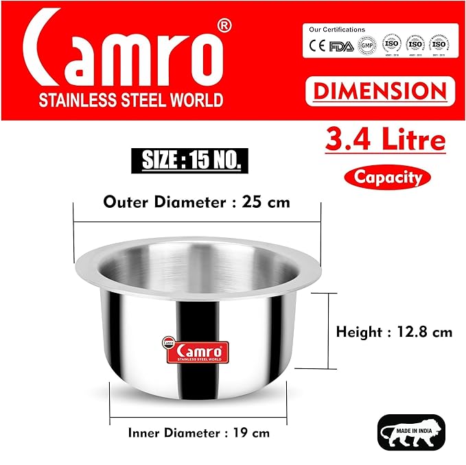 Camro Tripro Triply Artisian Tope 15 No 3.4 Liters Capacity Cauldron Tope Handi Patila Stainless Steel Grains
