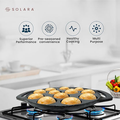 Solara Pre Seasoned Cast Iron Paniyaram Pan 12 Cavities 8 Inch 20 cm Appam Patra