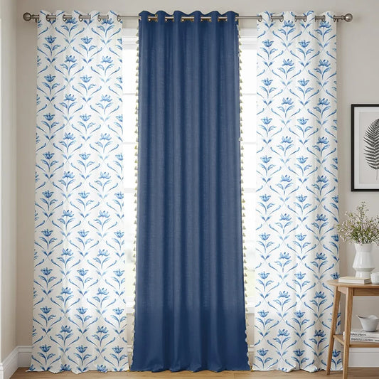 Urban Space Floral Cotton Curtains For Door Combo Set Of 3 Room Darkening Curtains For Home Decor Water Lily Blue & Aura Indigo