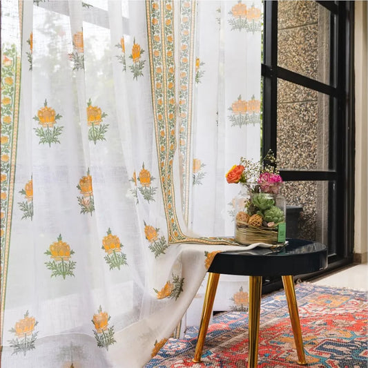 Urban Space Printed Sheer Linen Curtains for Door Light Filtering Linen Textured Decorative Curtains with Eyelets and TieBack for Bedroom Set of 2 Curtains Modern Yellow