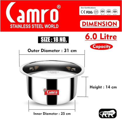 Camro Tripro Triply Artisian Tope with lid 18 No 6 Liters Capacity Cauldron Tope Handi